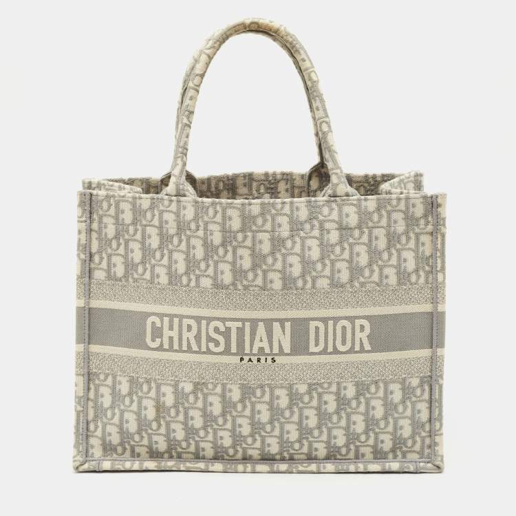 Pre Owned Dior Grey Oblique Embroidered Canvas Medium Book Tote
