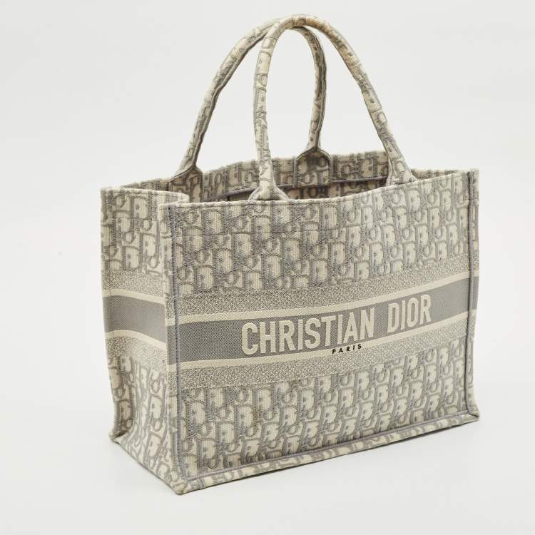Pre Owned Dior Grey Oblique Embroidered Canvas Medium Book Tote