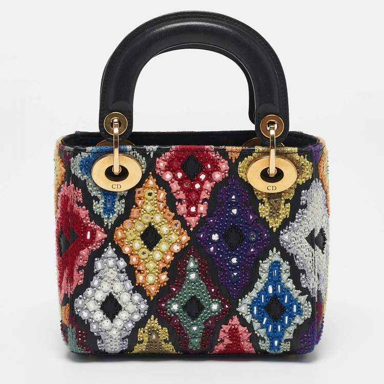 Pre Owned Dior Multicolor Leather Mini Embroidered Beads Lady Dior Tote