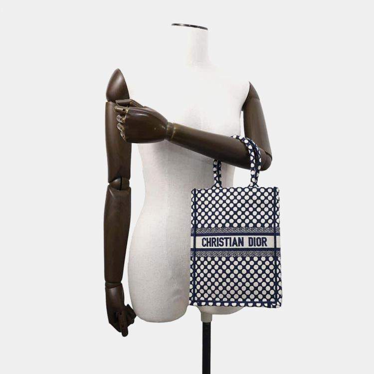 Pre Owned Dior White Navy Canvas Vertical Book Tote Dot Bag