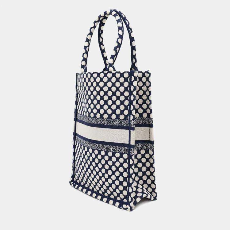 Pre Owned Dior White Navy Canvas Vertical Book Tote Dot Bag