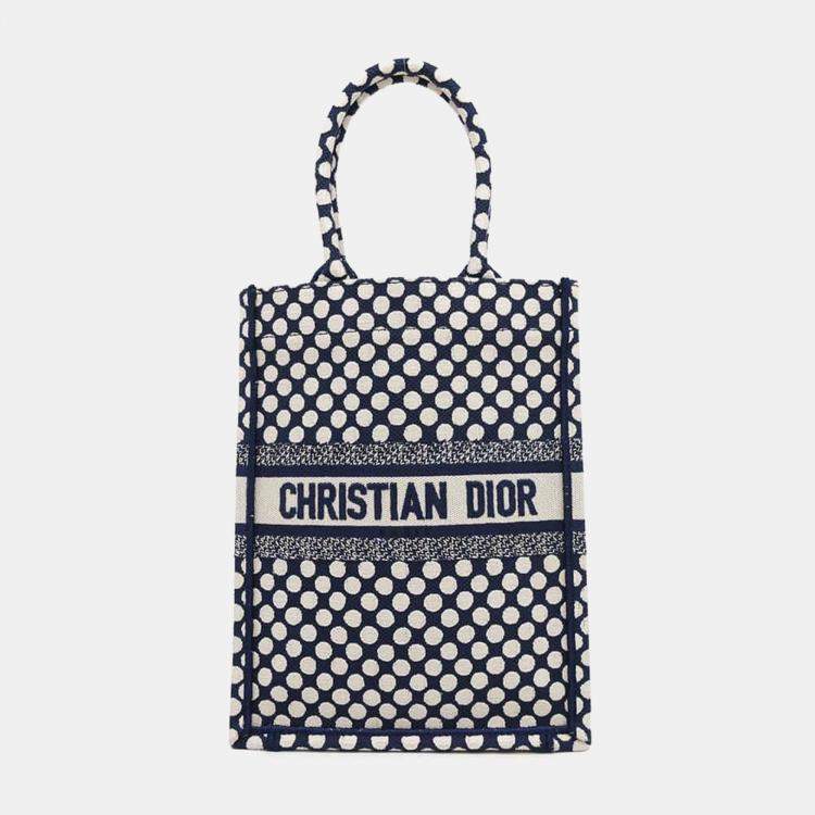Pre Owned Dior White Navy Canvas Vertical Book Tote Dot Bag