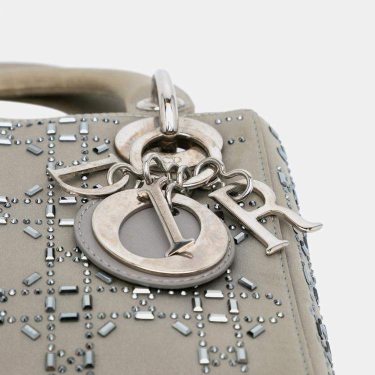 Pre Owned Dior Grey Mini Satin Cannage Strass Crystal Embellished Lady Dior