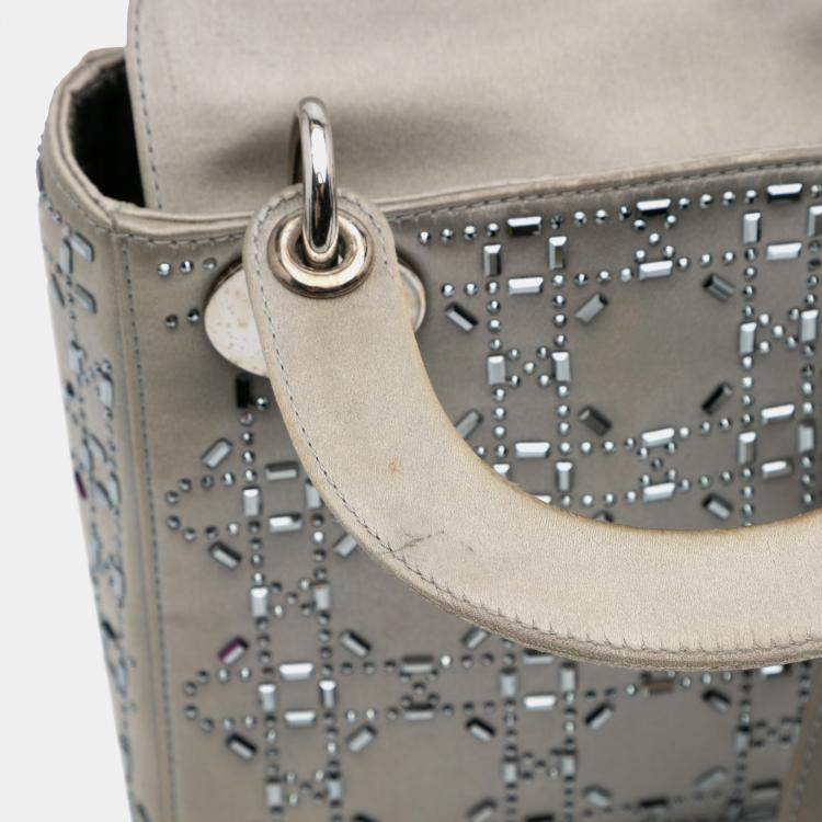 Pre Owned Dior Grey Mini Satin Cannage Strass Crystal Embellished Lady Dior