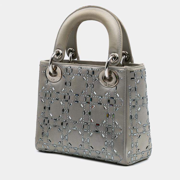 Pre Owned Dior Grey Mini Satin Cannage Strass Crystal Embellished Lady Dior