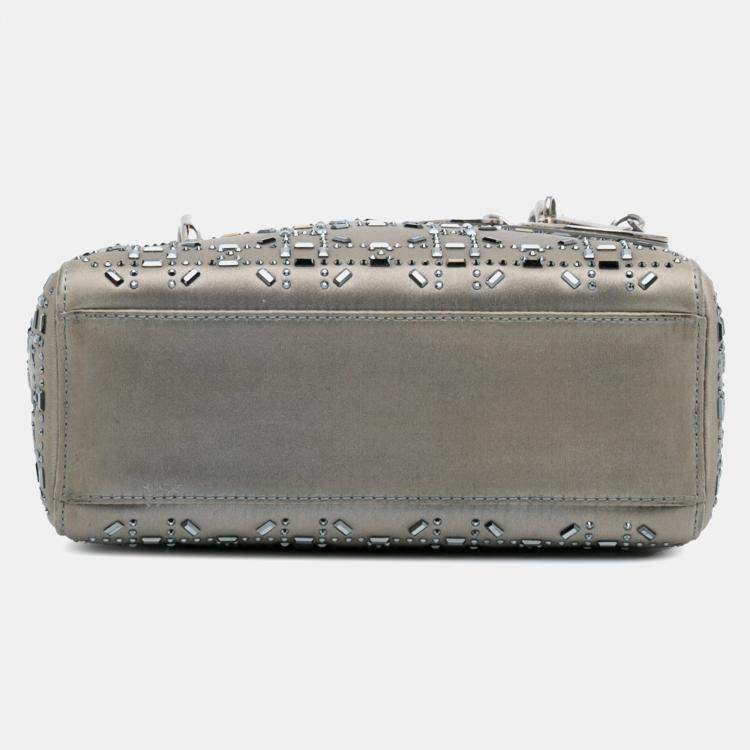 Pre Owned Dior Grey Mini Satin Cannage Strass Crystal Embellished Lady Dior
