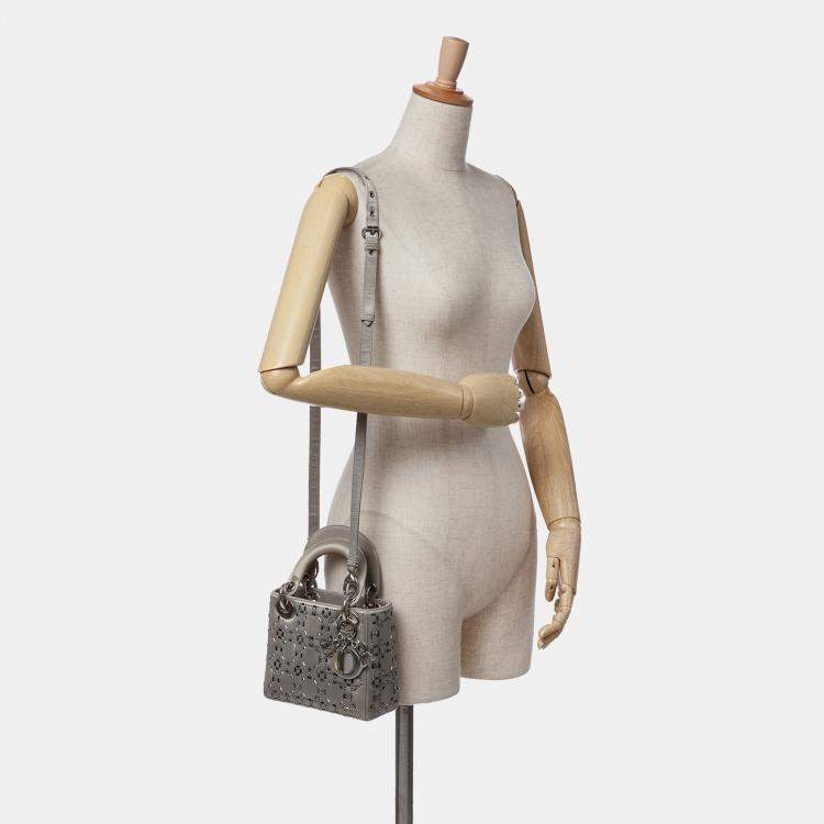 Pre Owned Dior Grey Mini Satin Cannage Strass Crystal Embellished Lady Dior