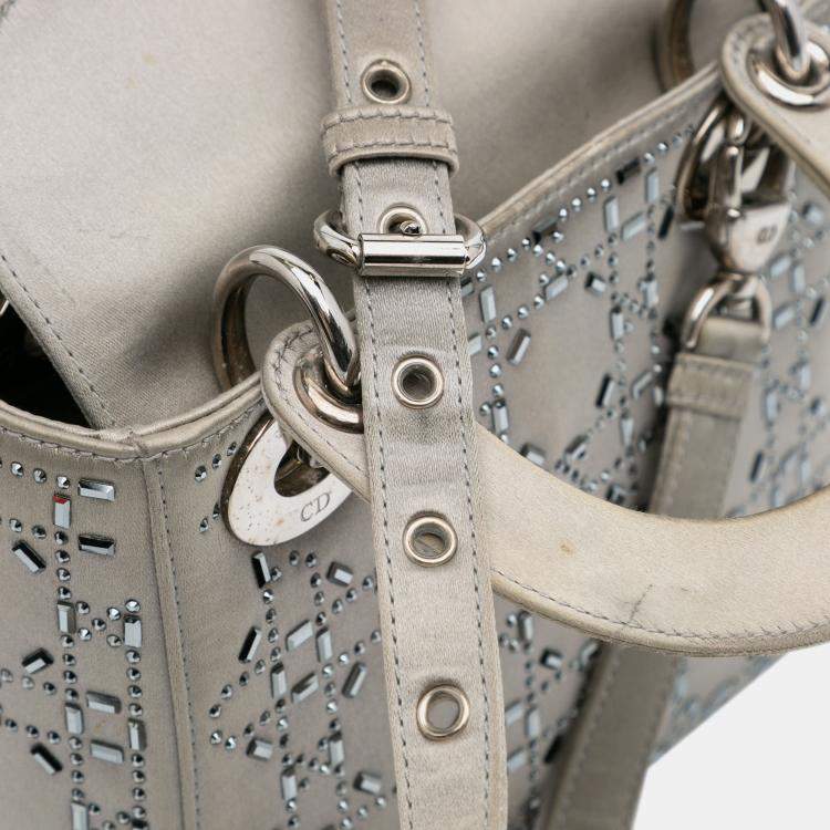 Pre Owned Dior Grey Mini Satin Cannage Strass Crystal Embellished Lady Dior