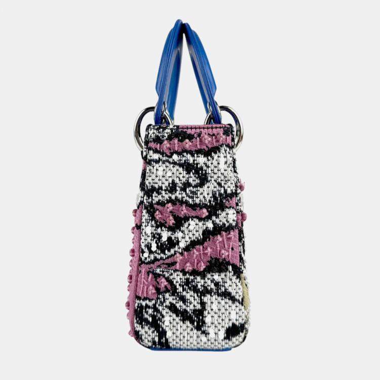 Pre Owned Dior Blue Black Tweed Leather Lady Dior Shoulder Bag