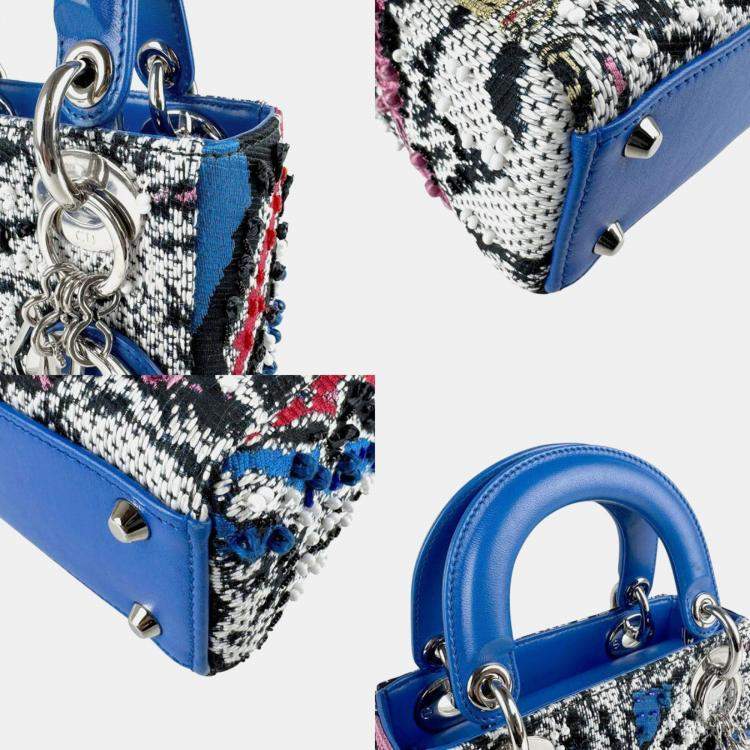 Pre Owned Dior Blue Black Tweed Leather Lady Dior Shoulder Bag