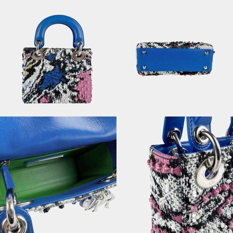 Pre Owned Dior Blue Black Tweed Leather Lady Dior Shoulder Bag
