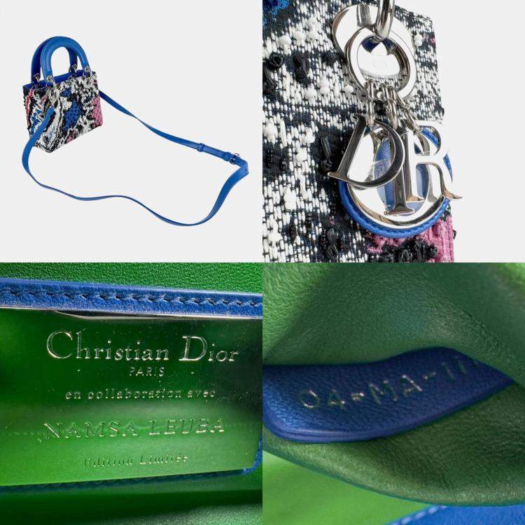 Pre Owned Dior Blue Black Tweed Leather Lady Dior Shoulder Bag
