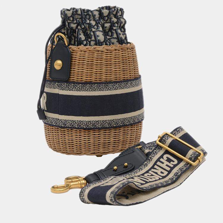 Pre Owned Christian Dior Navy Canvas Rattan Dior Oblique Wicker Shoulder Bag