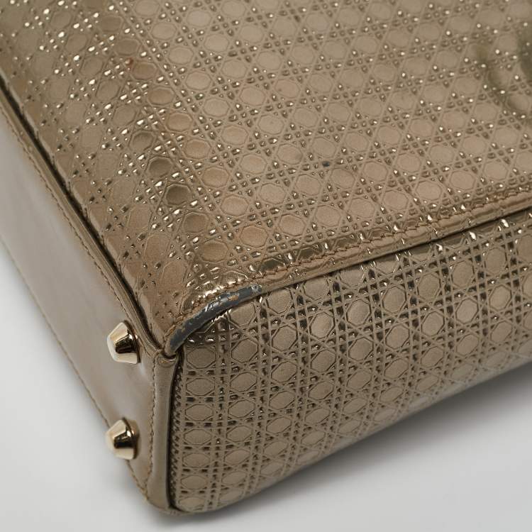 Pre Owned Dior Gold Microcannage Patent Leather Mini Lady Dior Tote