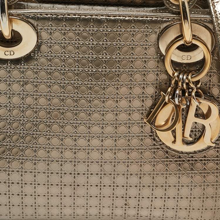 Pre Owned Dior Gold Microcannage Patent Leather Mini Lady Dior Tote
