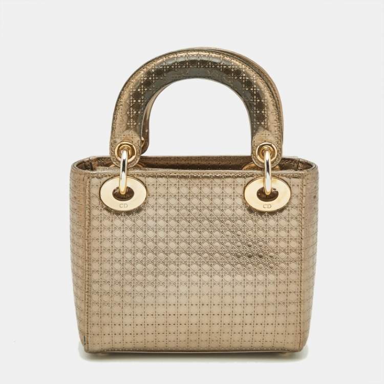 Pre Owned Dior Gold Microcannage Patent Leather Mini Lady Dior Tote