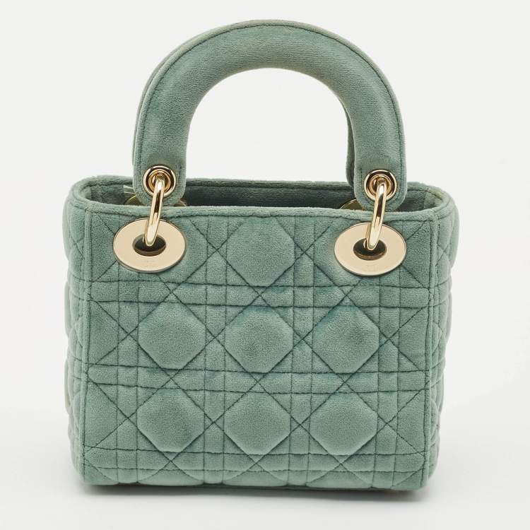 Pre Owned Dior Green Cannage Velvet Mini Lady Dior Tote