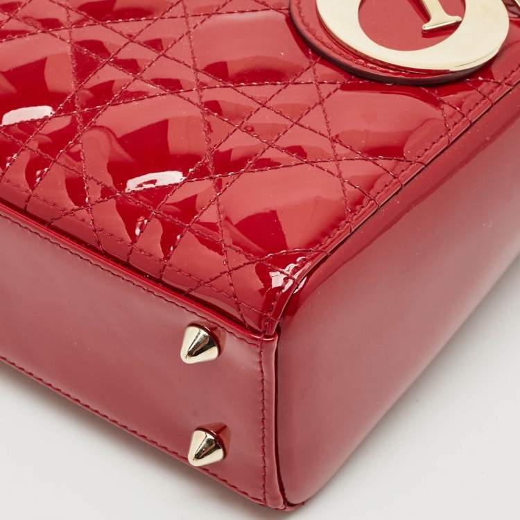 Pre Owned Dior Red Cannage Patent Leather Small Lady Dior Tote