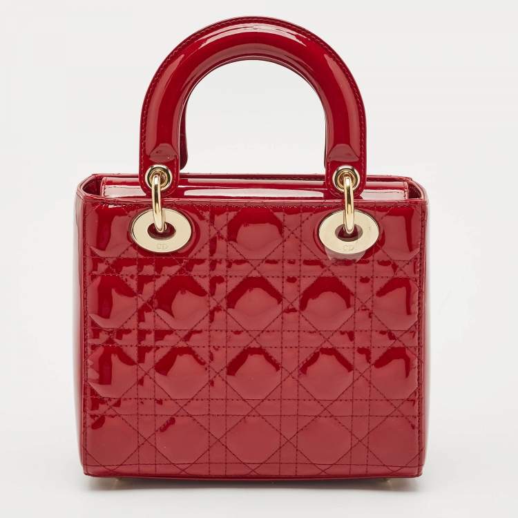 Pre Owned Dior Red Cannage Patent Leather Small Lady Dior Tote