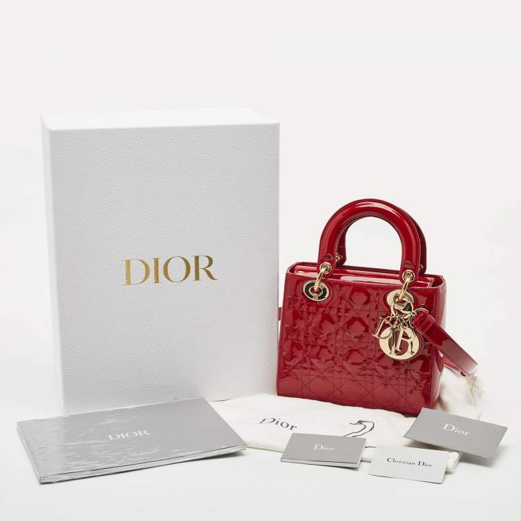 Pre Owned Dior Red Cannage Patent Leather Small Lady Dior Tote