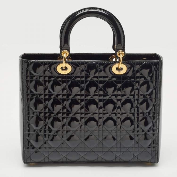Pre Owned Dior Black Cannage Patent Leather Large Lady Dior Tote
