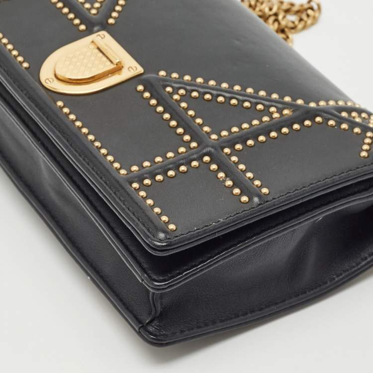 Pre Owned Dior Black Leather Studded Diorama Wallet on Chain