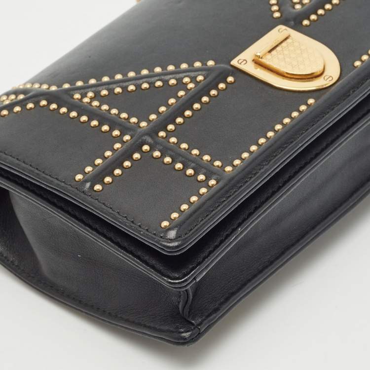Pre Owned Dior Black Leather Studded Diorama Wallet on Chain