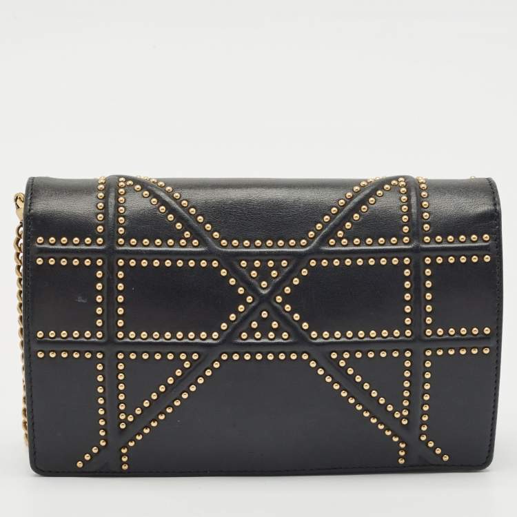 Pre Owned Dior Black Leather Studded Diorama Wallet on Chain
