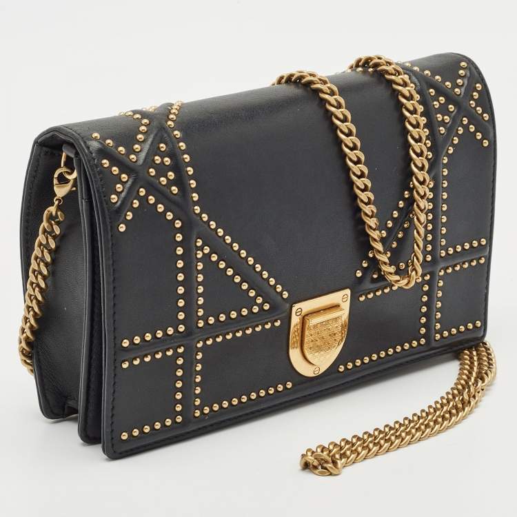 Pre Owned Dior Black Leather Studded Diorama Wallet on Chain