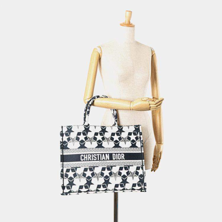 Pre Owned Dior Blue Canvas Embroidered Lucky Star Book Large Tote