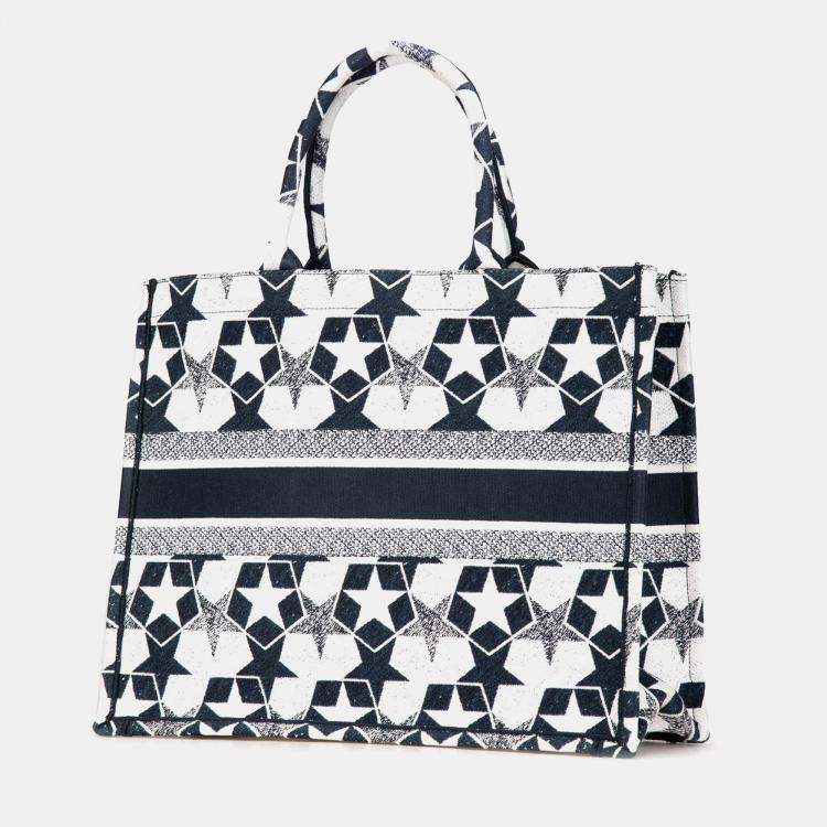 Pre Owned Dior Blue Canvas Embroidered Lucky Star Book Large Tote
