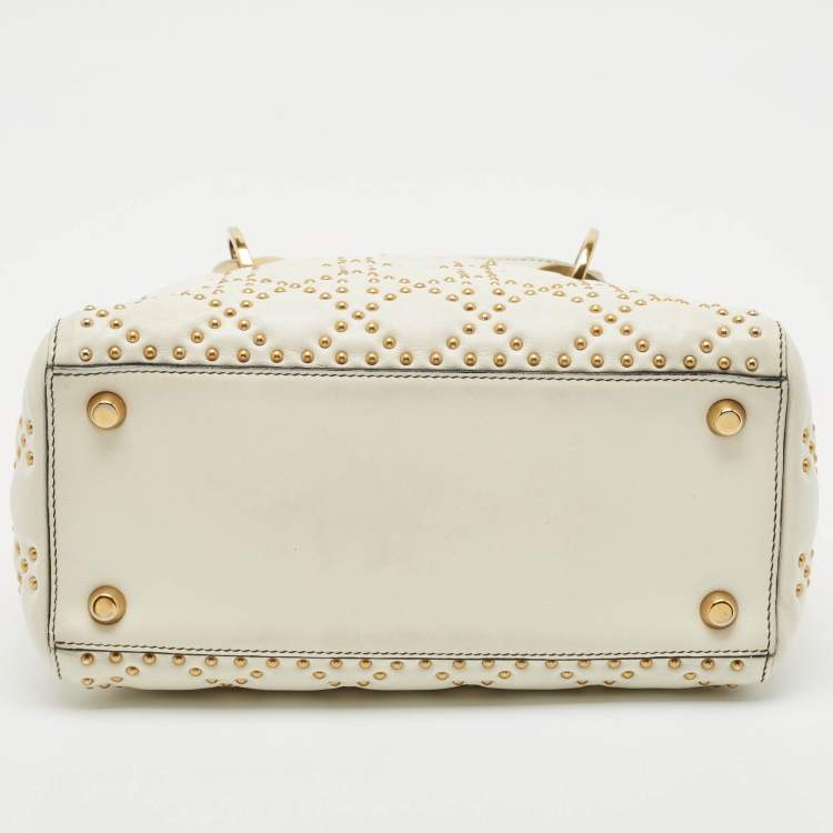 Pre Owned Dior White Cannage Leather Medium Studded Lady Dior Tote