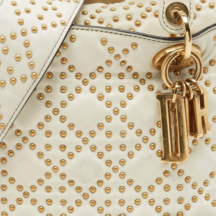 Pre Owned Dior White Cannage Leather Medium Studded Lady Dior Tote