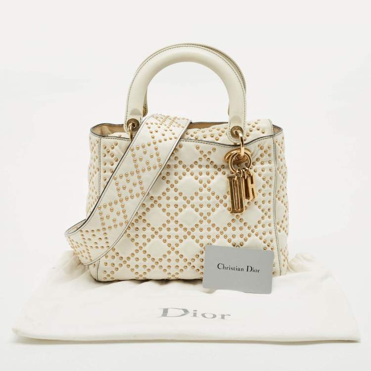 Pre Owned Dior White Cannage Leather Medium Studded Lady Dior Tote