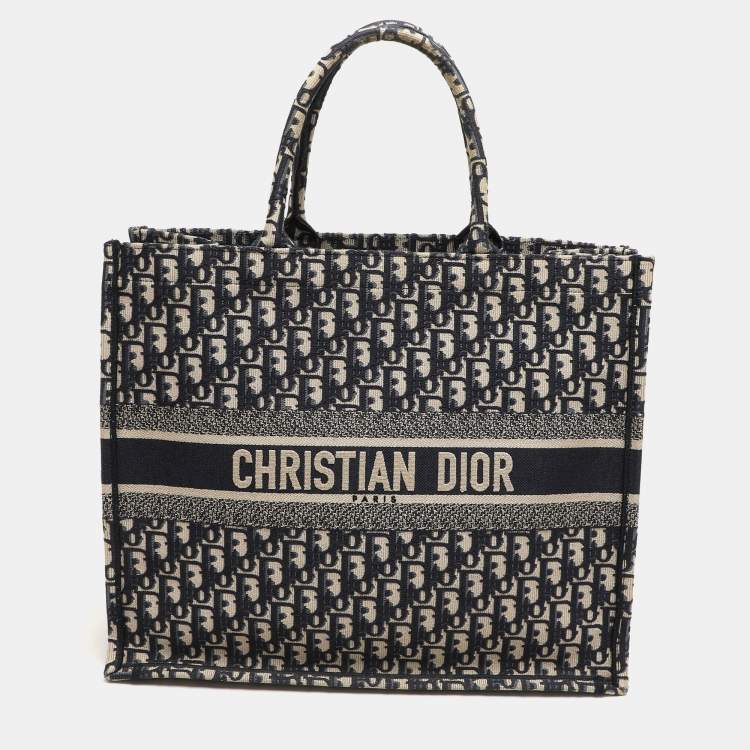 Pre Owned Dior Navy Blue Oblique Embroidered Canvas Large Book Tote