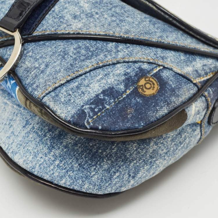 Pre Owned Dior Blue/Black Speedway Denim Double Saddle Bag