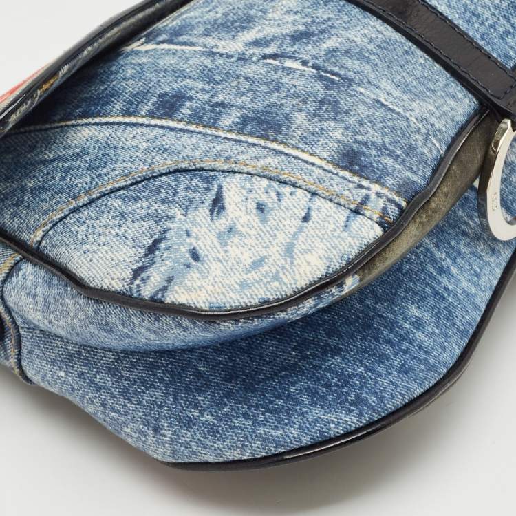 Pre Owned Dior Blue/Black Speedway Denim Double Saddle Bag