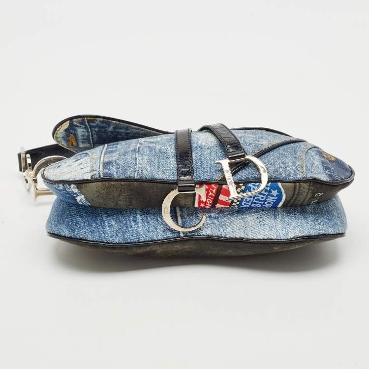 Pre Owned Dior Blue/Black Speedway Denim Double Saddle Bag