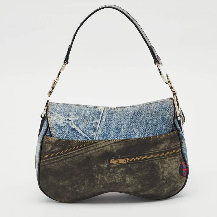 Pre Owned Dior Blue/Black Speedway Denim Double Saddle Bag