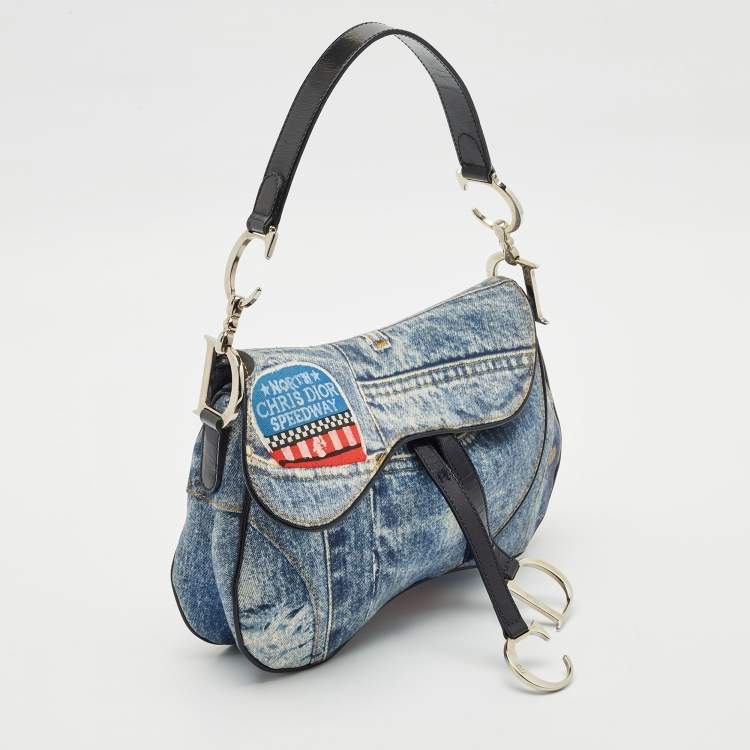 Pre Owned Dior Blue/Black Speedway Denim Double Saddle Bag