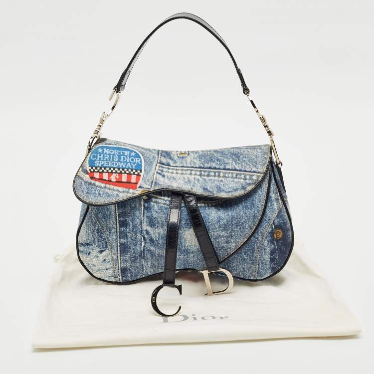 Pre Owned Dior Blue/Black Speedway Denim Double Saddle Bag