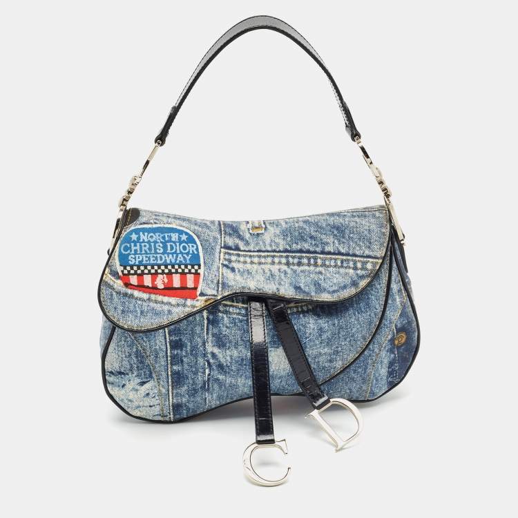 Pre Owned Dior Blue/Black Speedway Denim Double Saddle Bag