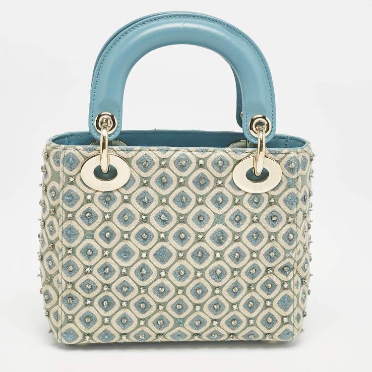 Pre Owned Dior Blue/White Fabric Mini Crystal Studded Lady Dior Tote