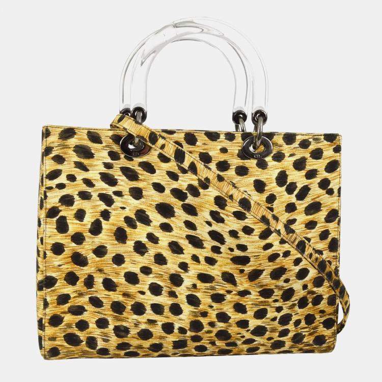 Pre Owned Dior Yellow Black Cheetah Print Canvas, Plastic Lady Dior Handbag