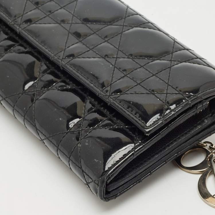 Pre Owned Dior Black Cannage Patent Leather Lady Dior Wallet On Chain