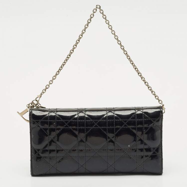 Pre Owned Dior Black Cannage Patent Leather Lady Dior Wallet On Chain