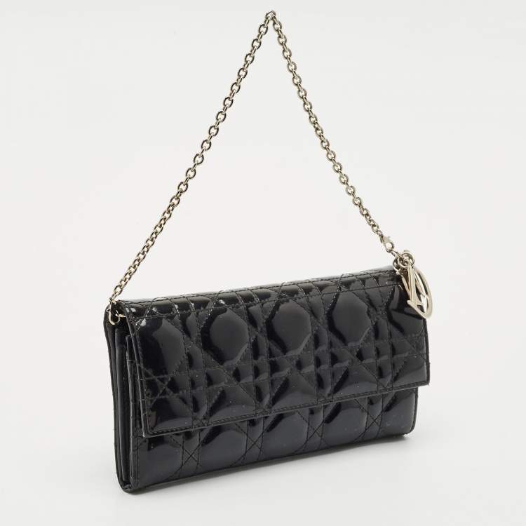 Pre Owned Dior Black Cannage Patent Leather Lady Dior Wallet On Chain