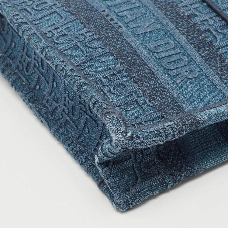 Pre Owned Dior Blue Oblique Embroidered Denim Mini Book Tote