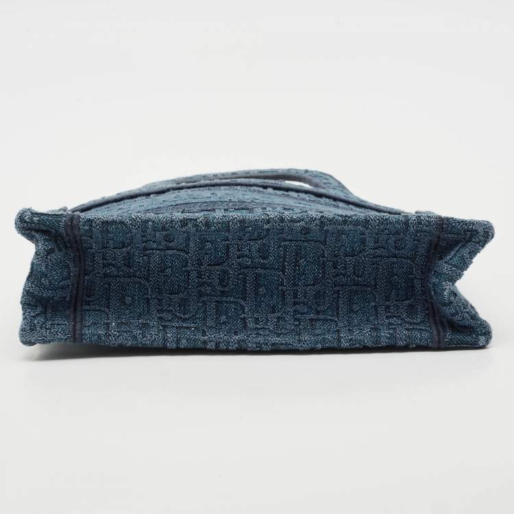 Pre Owned Dior Blue Oblique Embroidered Denim Mini Book Tote