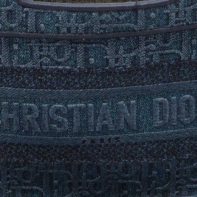 Pre Owned Dior Blue Oblique Embroidered Denim Mini Book Tote